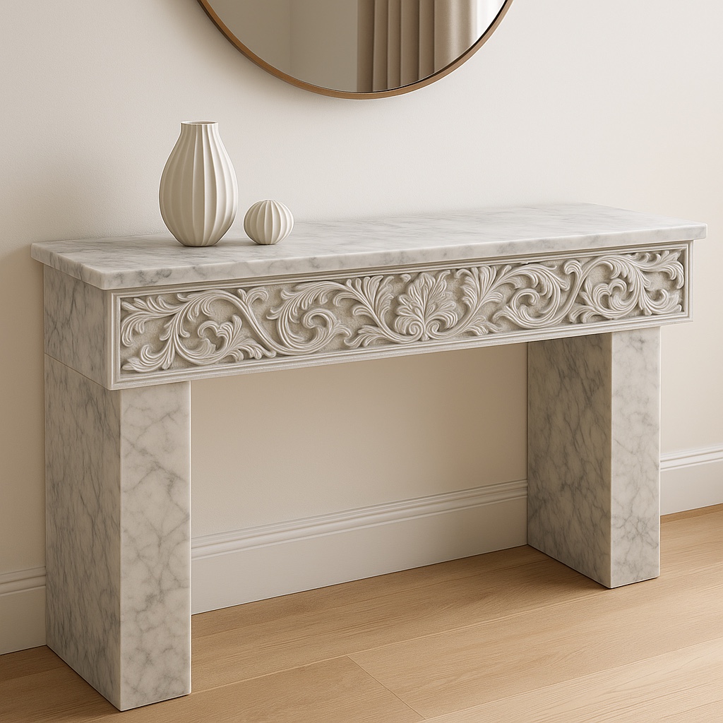 Natural-stone console with a relief-carved floral apron